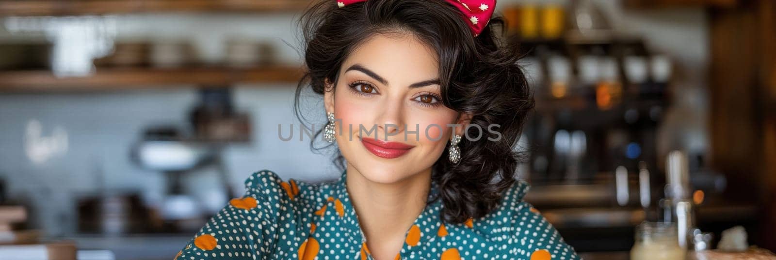 A beautiful woman sits at the counter of an American restaurant. Stylized from1940s - 1950s. AI generative.