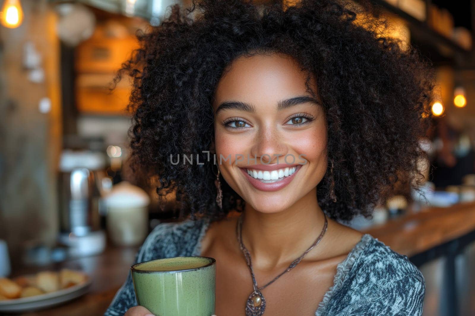 sitting smiling young woman drinking matcha tee. AI generative.