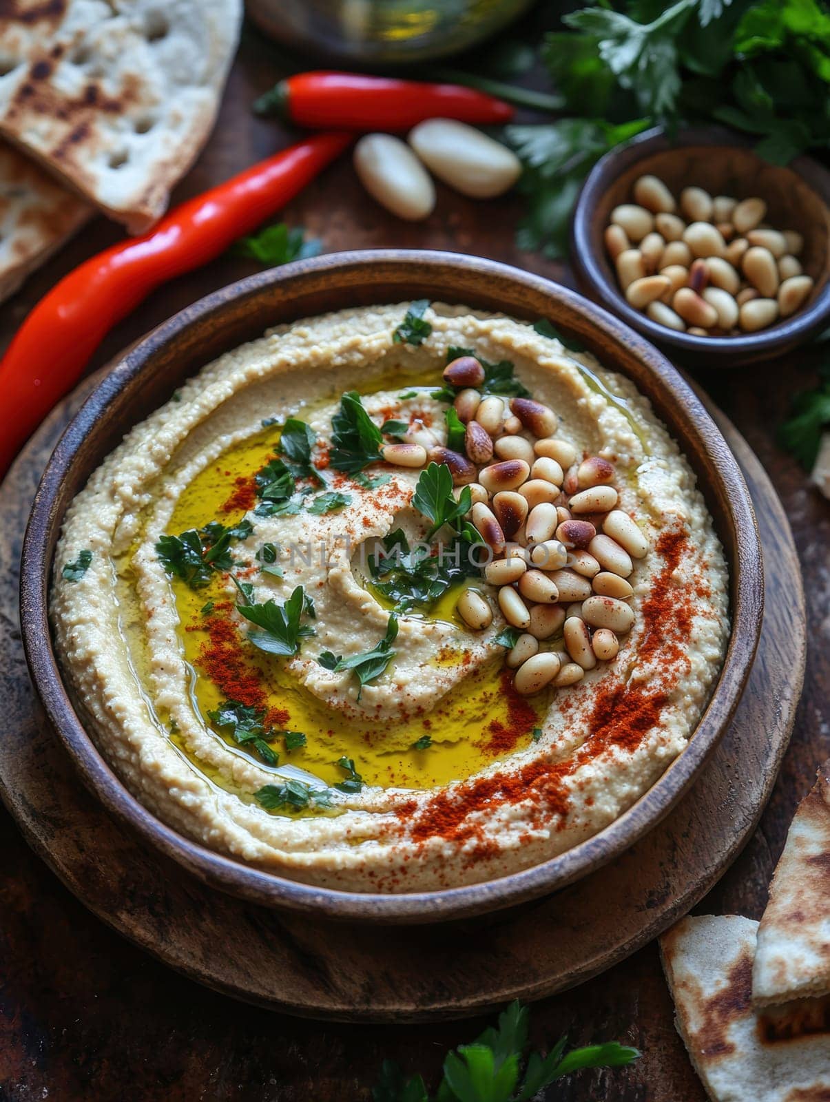 roasted garlic hummus served in bowl topped with paprika, flat parsely and roasted pine . AI generative.