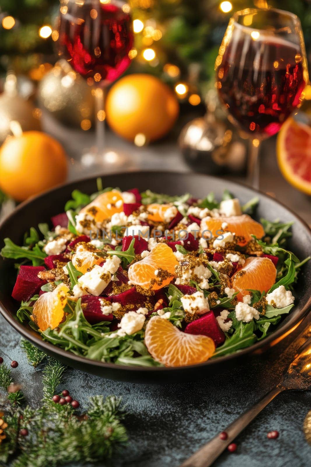 Salad with beetroot, tangerines, feta cheese and arugula,. AI generative