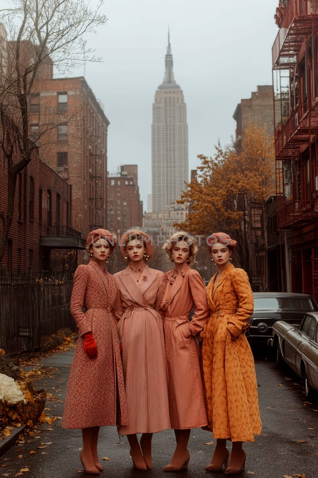 A high-resolution, photorealistic stock image inspired by a vintage Life Magazine photo shoot, featuring elegant European women in colorful, stylish autumn outfits. The women wear 1940s-1950s-inspired fashion, including tailored coats, gloves, and hats, with sleek, wavy hairstyles that complement their outfits. The setting is an old New York City, with iconic landmarks like the Empire State Building, vintage cars, and classic storefronts in the background. The image captures the nostalgic American style of the mid-20th century, reflecting the imperfections of contemporary footage, such as slight overexposure, grain, and lens flare. The mood is vibrant yet timeless, combining fashion and cityscape with a touch of vintage glamour --chaos 30 --ar 2:3 --style raw --stylize 300 --v 6.1 Job ID: ab62d439-7943-43ef-a820-de8a3c3310d6