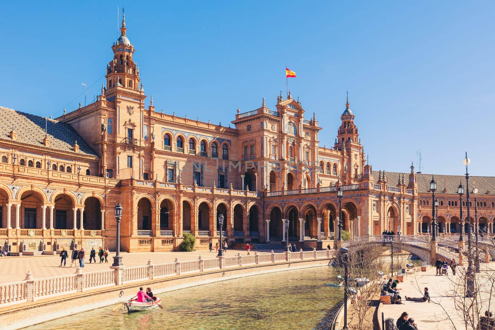 SPAIN, SEVILLE - FEBRUARY 09: View of Beautiful Plaza de Espana, Seville, Spain on February 09, 2013