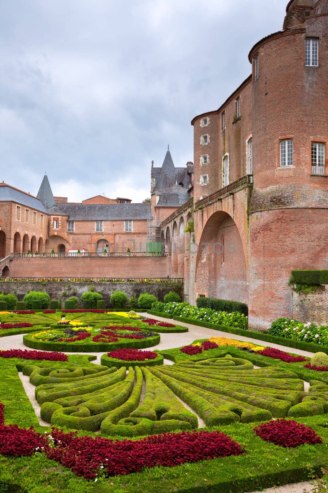 ALBI, FRANCE - AUGUST 09: Palais de la Berbie Gardens at Albi, Tarn, France on August 09, 2014. Beautiful flowerbed