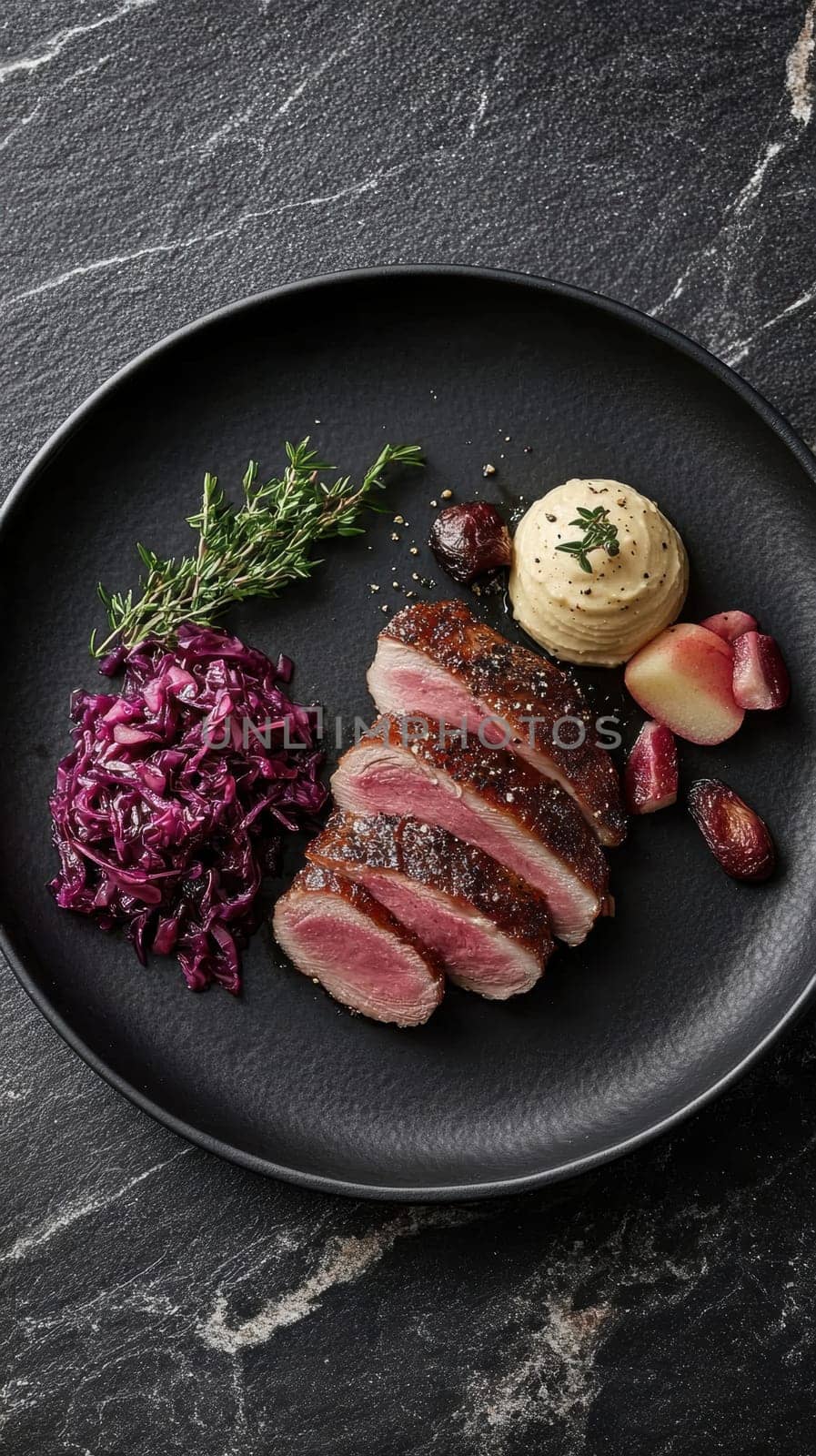 Duck fillet,red cabbage and apple mousse. AI generative.