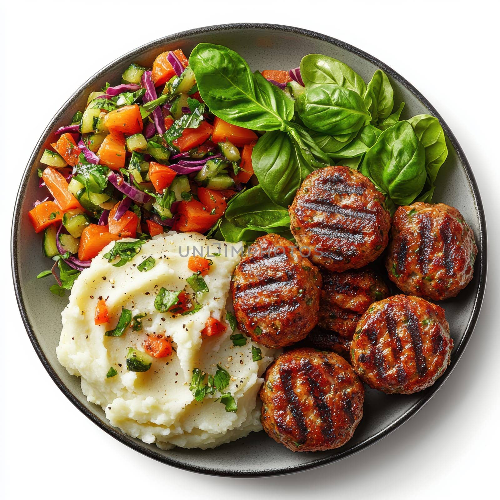 fried meatballs served with creamy mashed potatoes and a fresh green salad. AI generative.