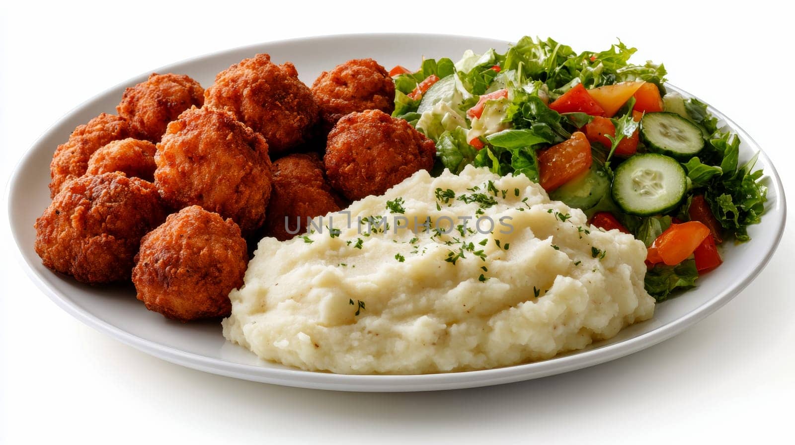 fried meatballs served with creamy mashed potatoes and a fresh green salad. AI generative.