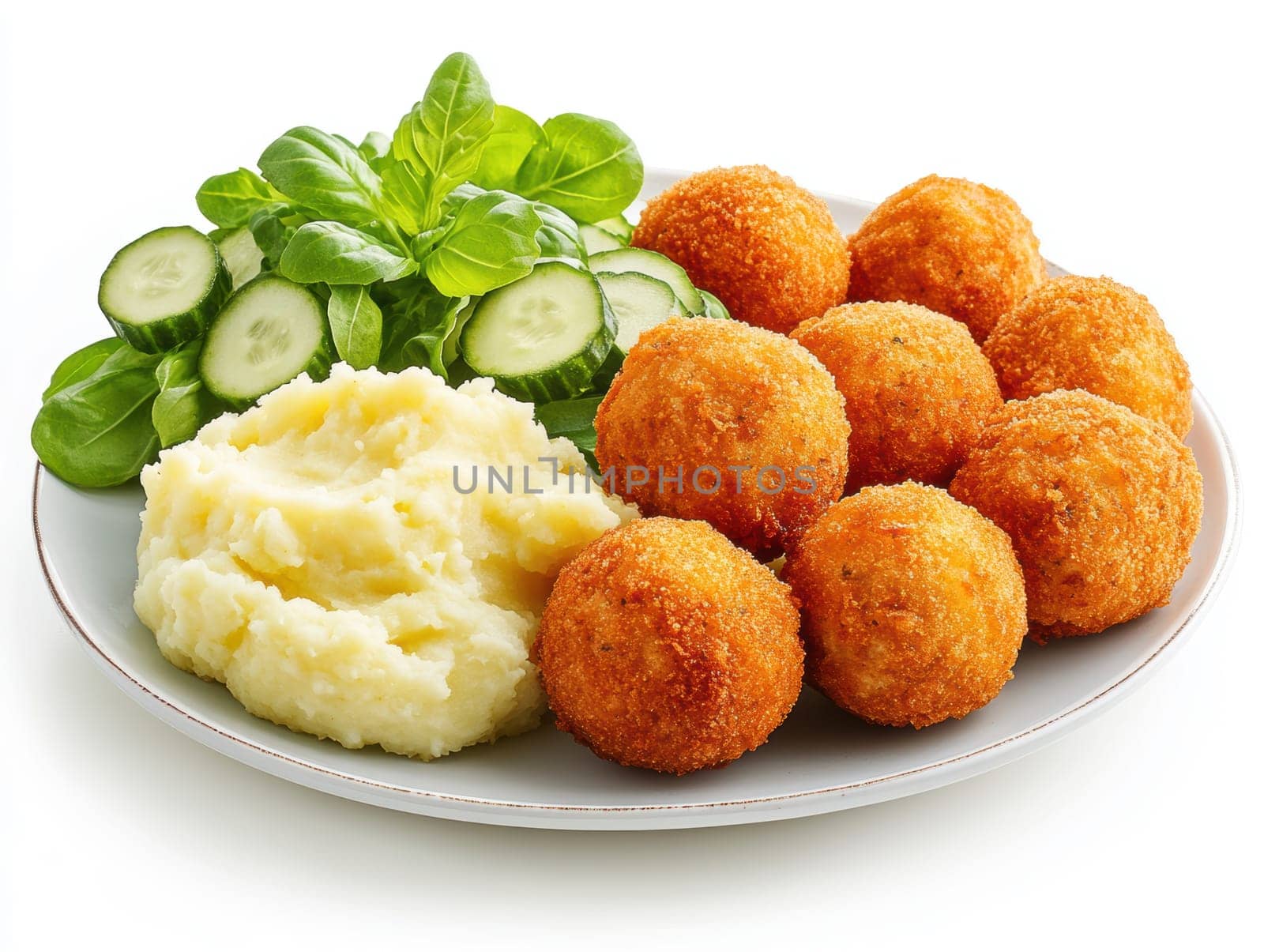 fried meatballs served with creamy mashed potatoes and a fresh green salad. AI generative.