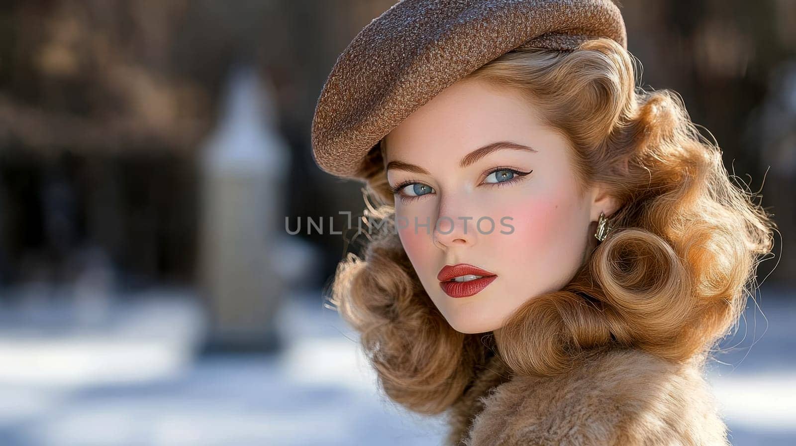 Photographs of women styled in the 1940s-50s taken on the streets of American cities. AI generative.