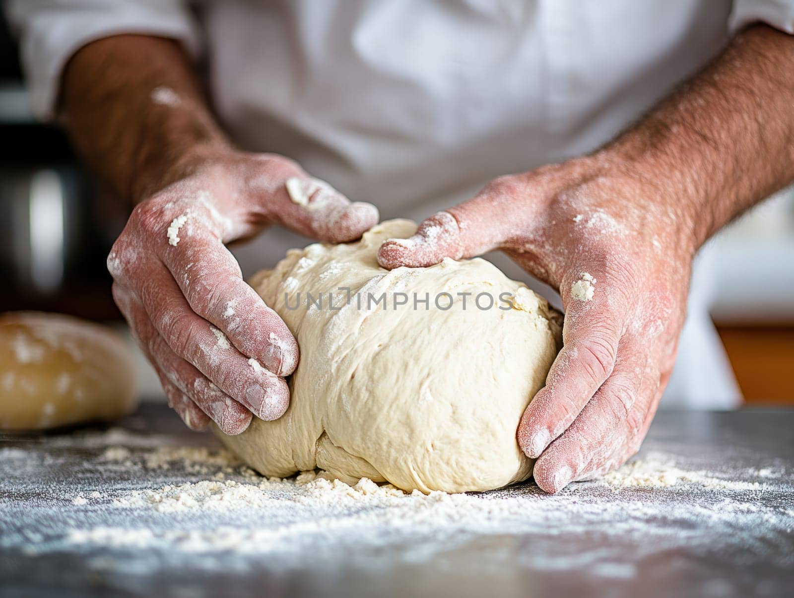 The hands knead the dough on a floured surface and prepare homemade bread in a cozy kitchen environment. AI generative.