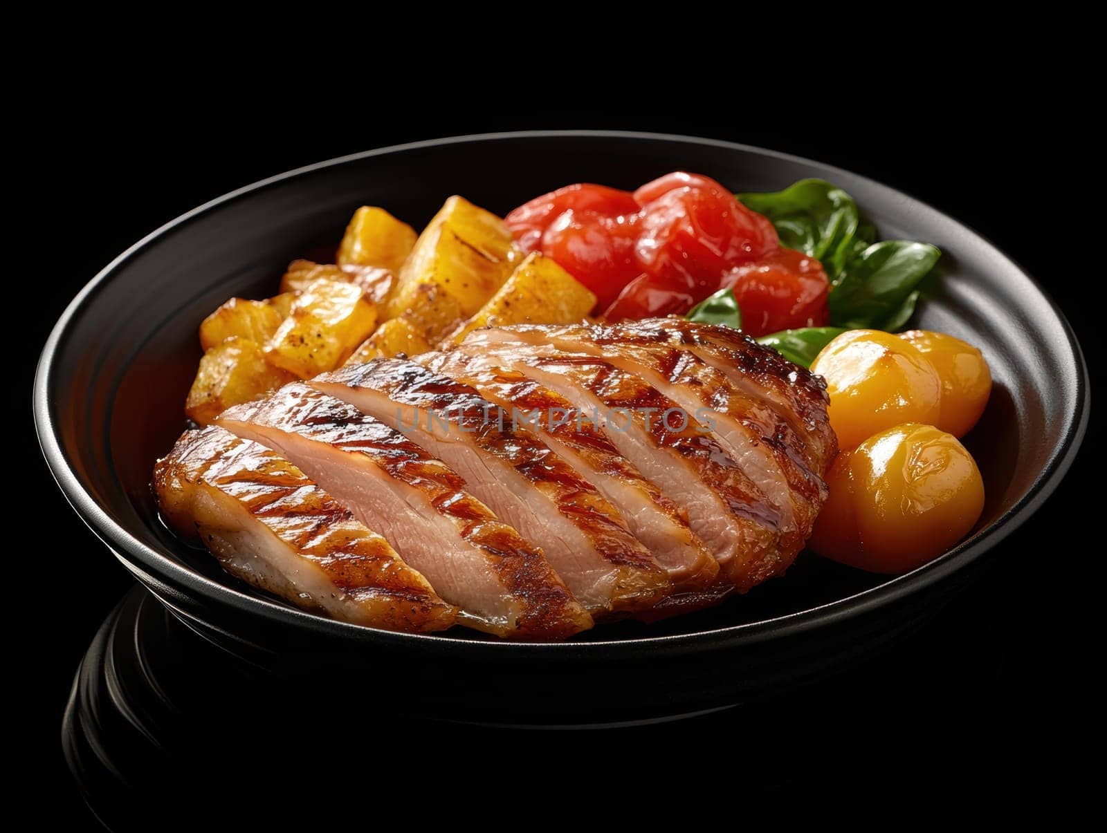 cooked duck breast, accompanied by a variety of caramelized vegetables. AI generative.