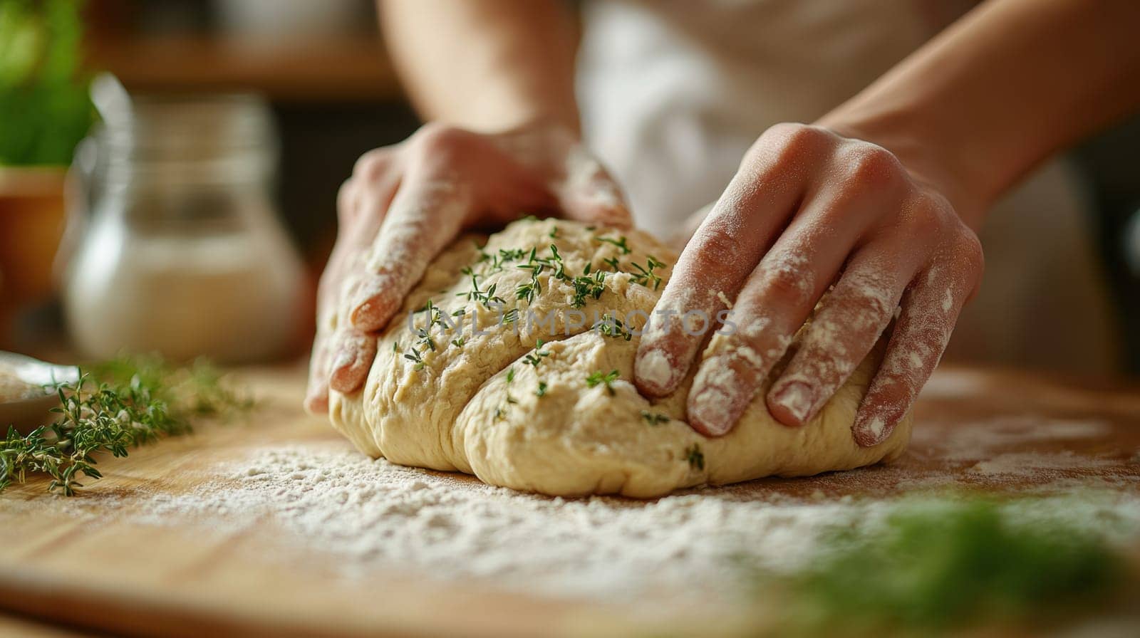 The hands knead the dough on a floured surface and prepare homemade bread in a cozy kitchen environment. AI generative.