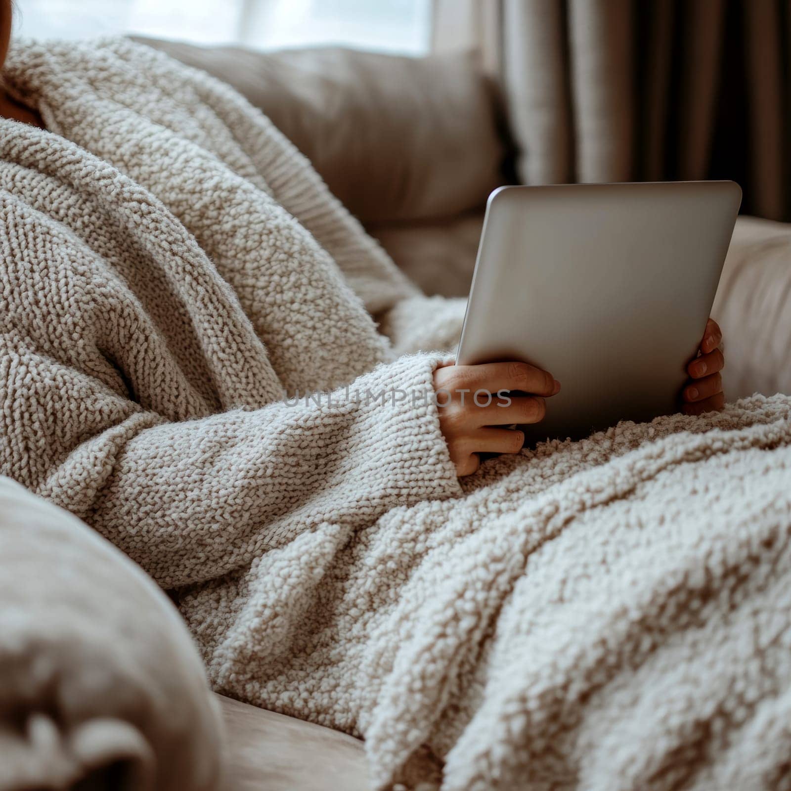 A person sitting comfortably at home makes purchases online. AI generative.