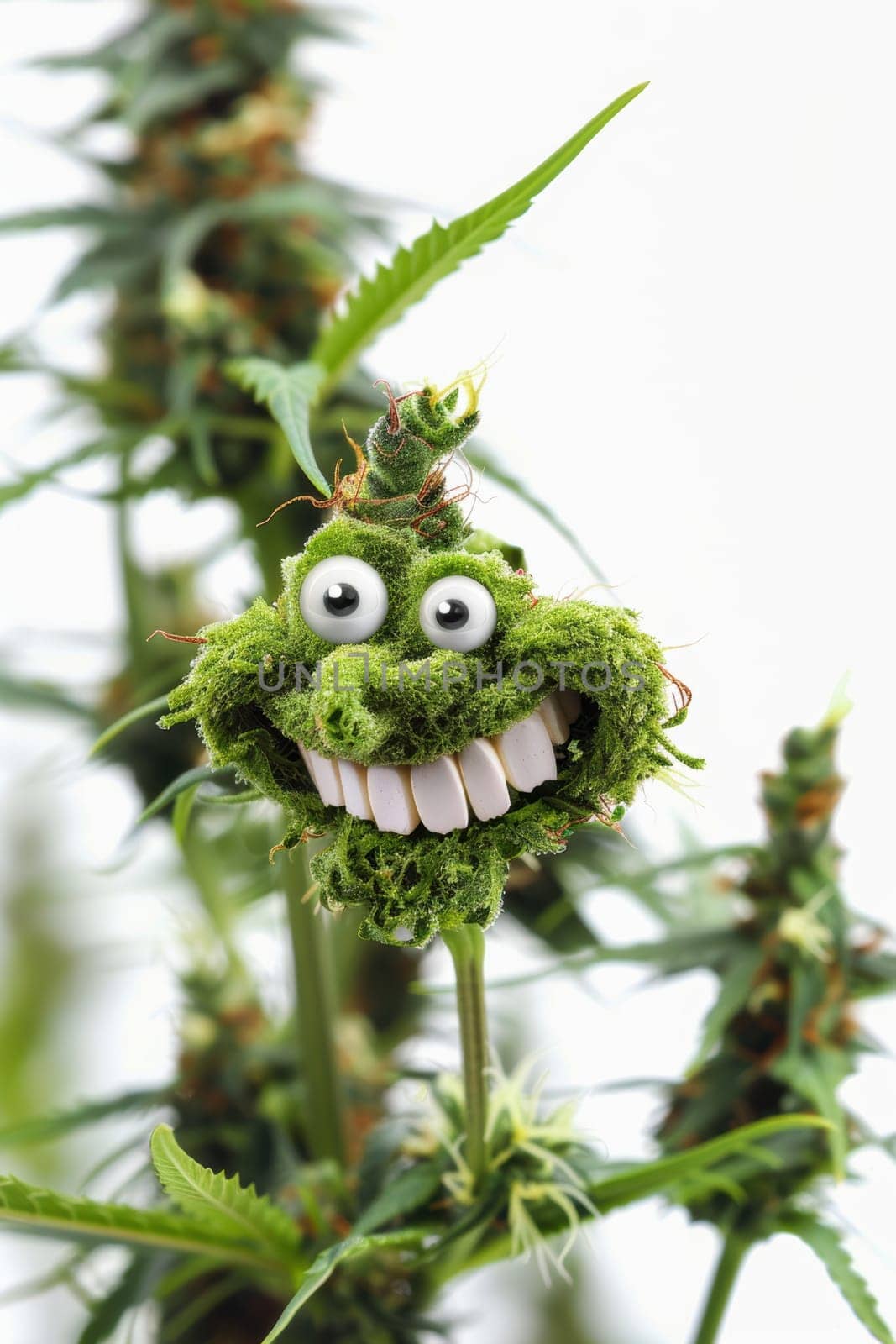 cannibis buds with a happy realistic face on a cannibis plant . AI generative.