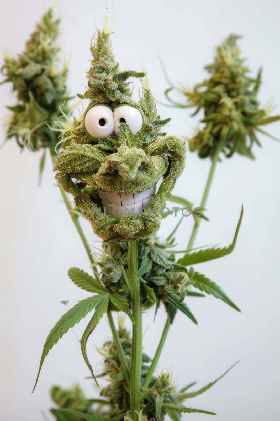 cannibis buds with a happy realistic face on a cannibis plant . AI generative.