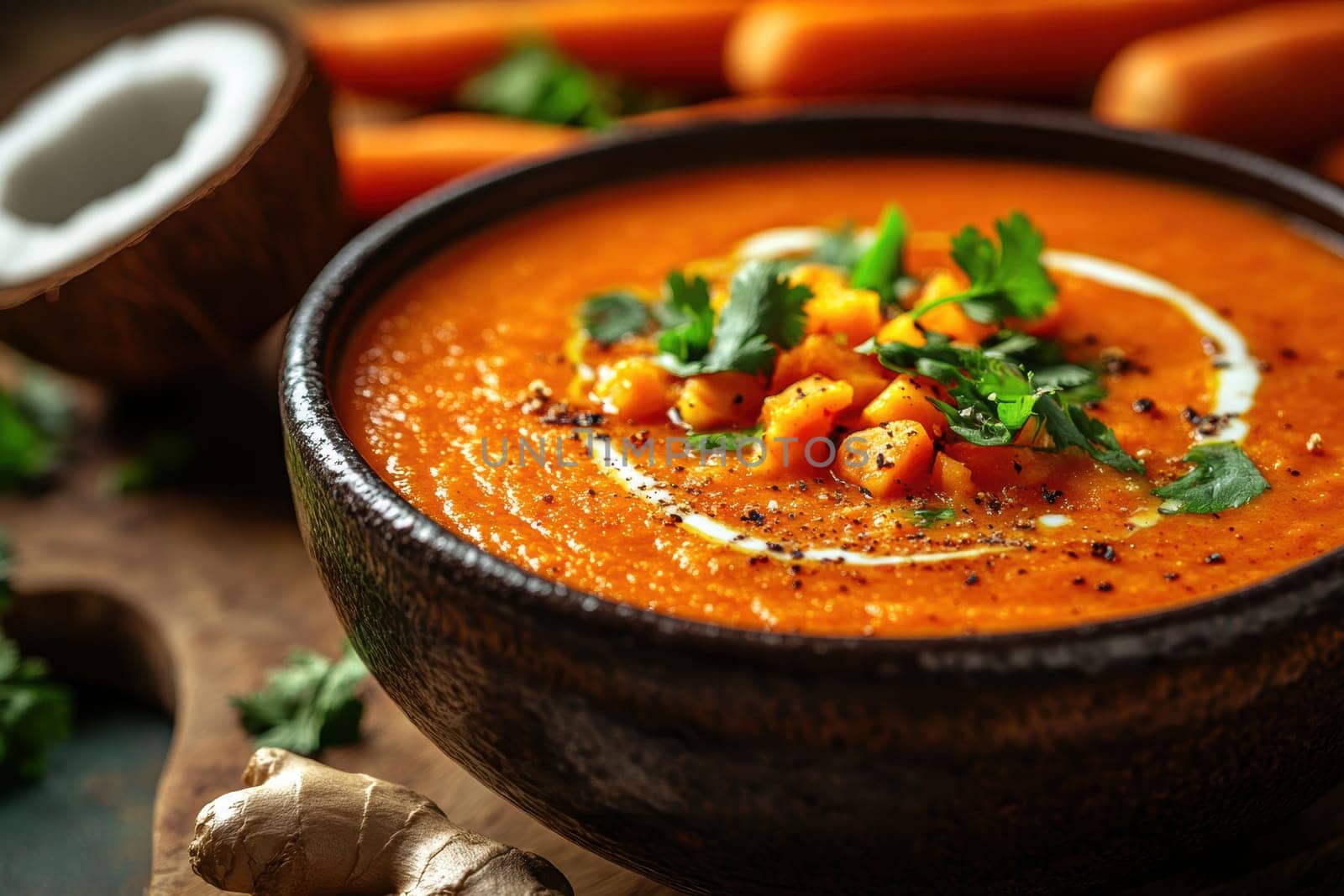 healthy pumpkin soup with ginger carrots and coconut milk . AI generative.