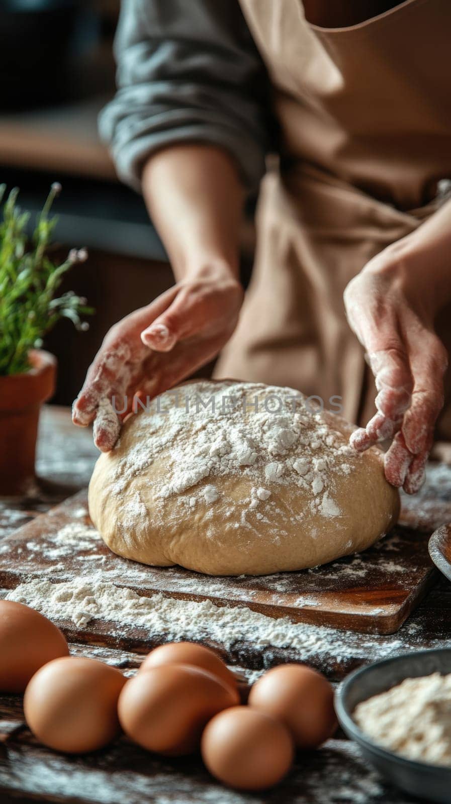 The hands knead the dough on a floured surface and prepare homemade bread in a cozy kitchen environment. AI generative.