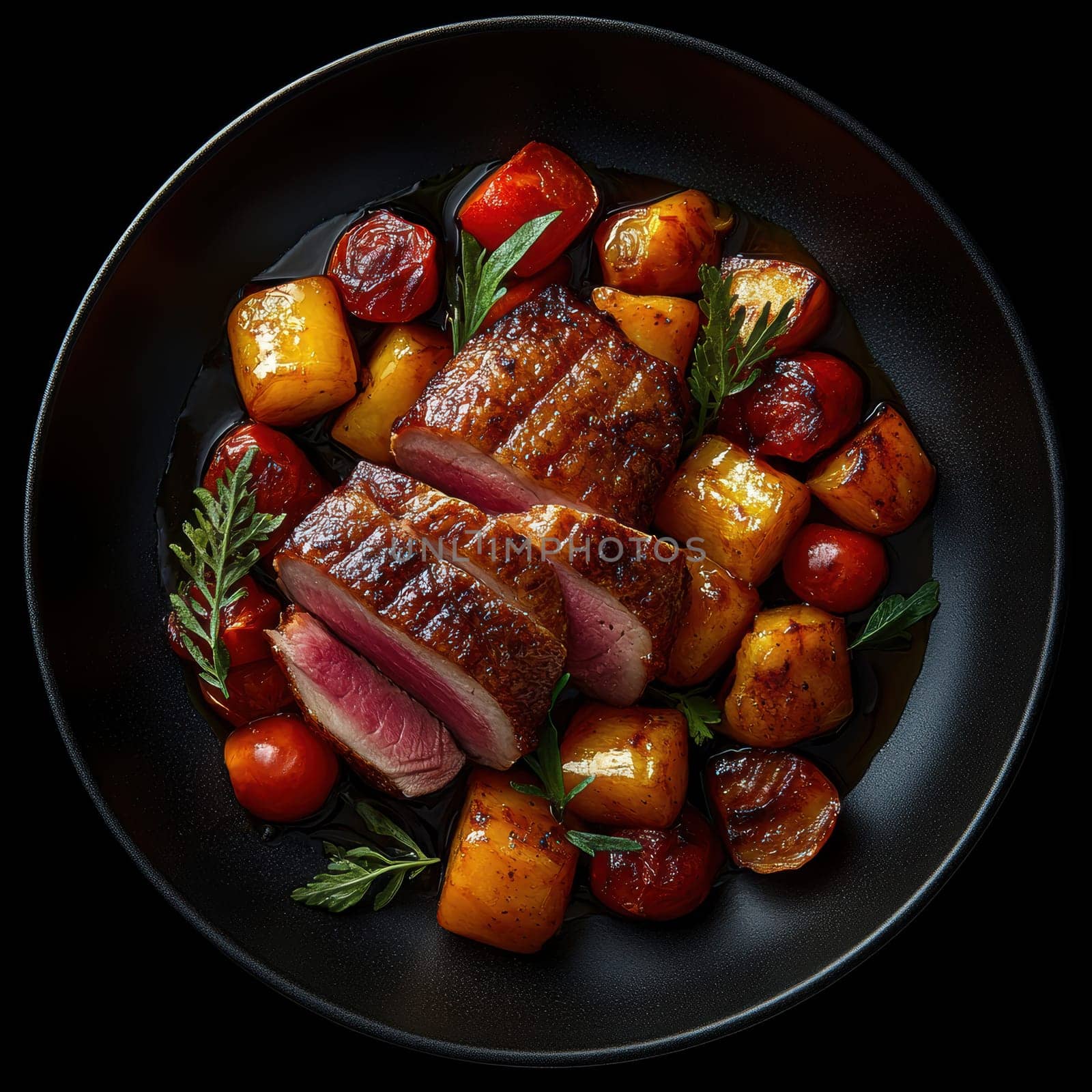cooked duck breast, accompanied by a variety of caramelized vegetables. AI generative.
