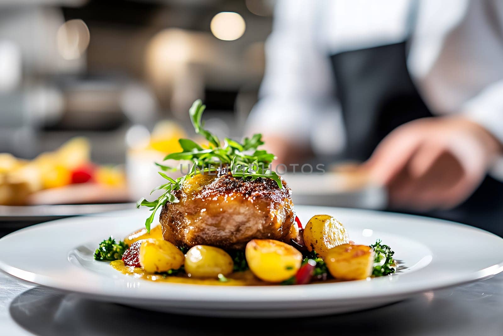 coq au vin served with tender potatoes on a white plate  rustic french dish with rich textures and colors in industrial kitchen. AI generated image