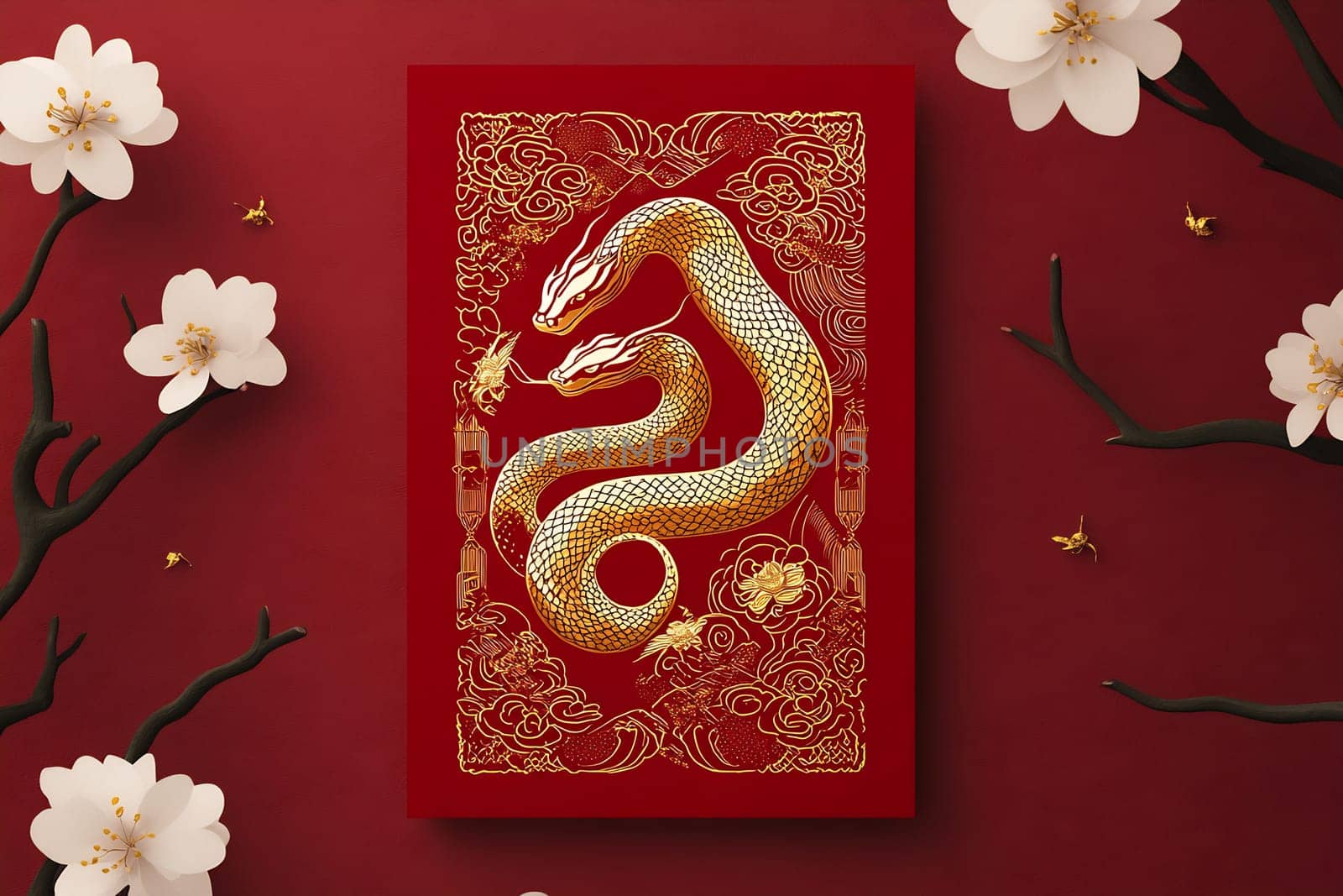 A striking art piece featuring a golden two-headed snake on a red backdrop, framed by blooming cherry blossoms.