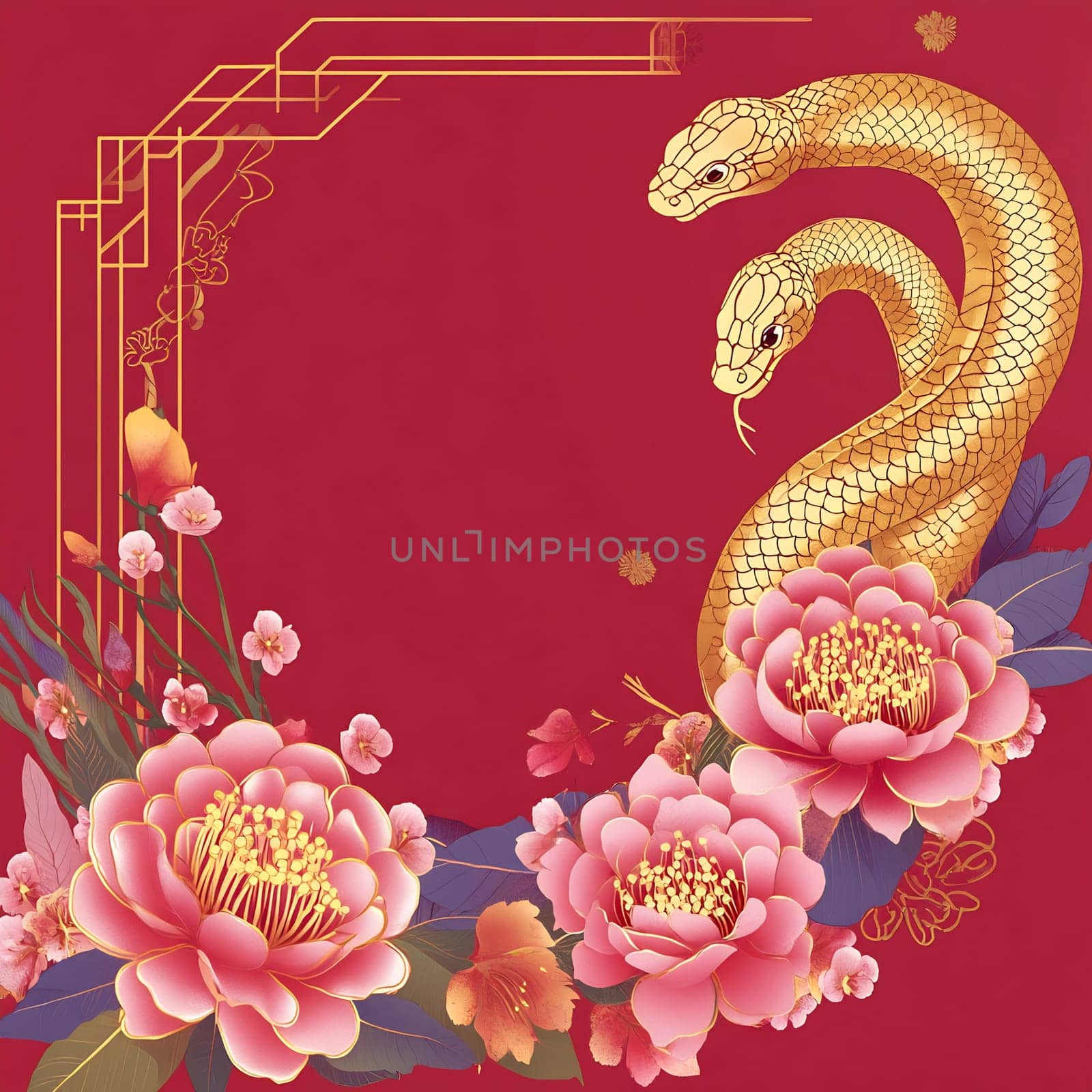 Two golden snakes glide gracefully around vibrant flowers, set against a striking red backdrop symbolizing prosperity and beauty.