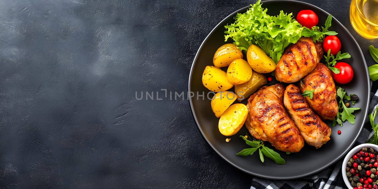coq au vin served with tender potatoes on a dark plate  rustic french dish with rich textures and colors, highlighted by ample copy space. AI generated image