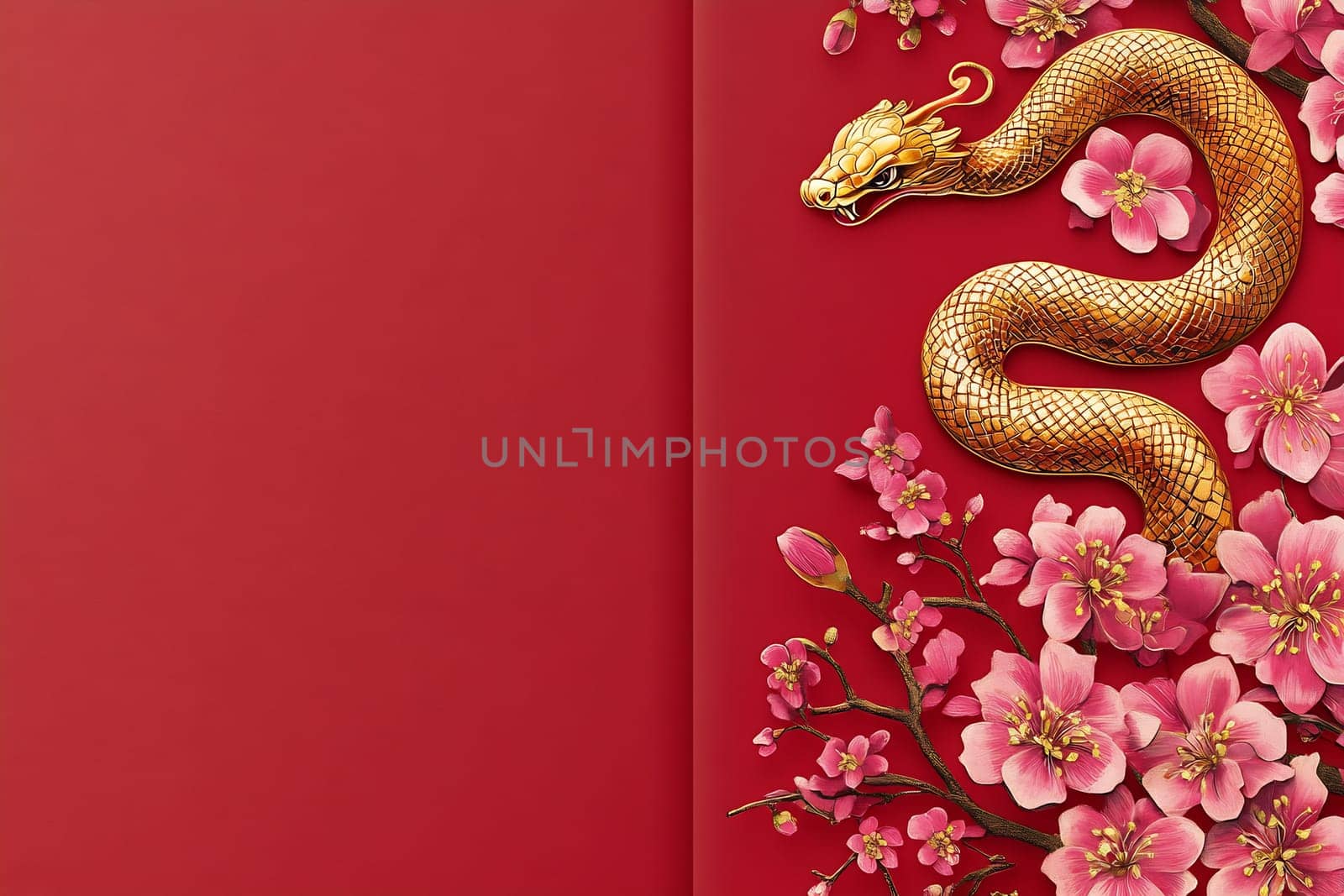 A golden dragon intertwines among pink cherry blossoms on a striking red backdrop, creating a festive and vibrant ambiance.