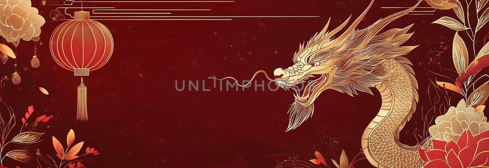 The vivid golden dragon dominates the red background, framed by intricate floral patterns and lanterns.