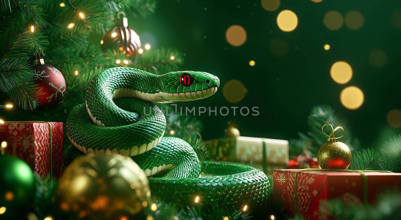A striking green snake is elegantly coiled among colorful Christmas gifts and shiny ornaments in a cozy holiday atmosphere.
