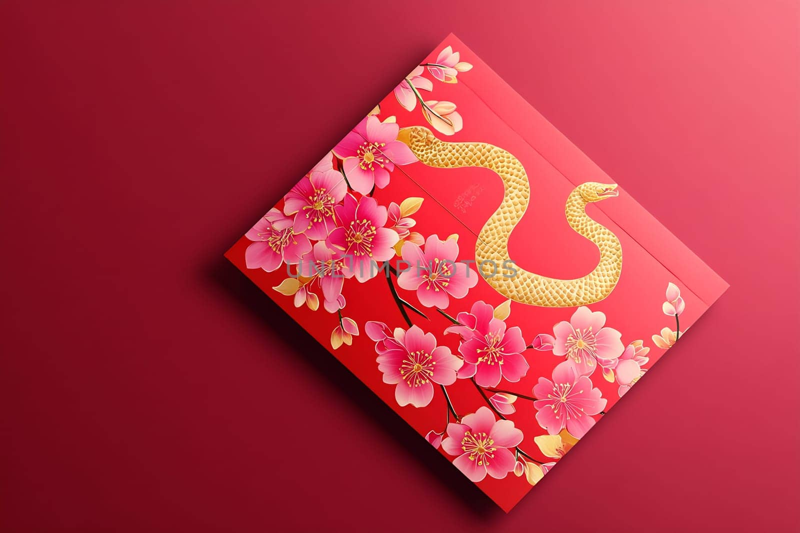 A vibrant red envelope adorned with a gold snake and blooming pink flowers, representing prosperity and joy during a festive occasion.