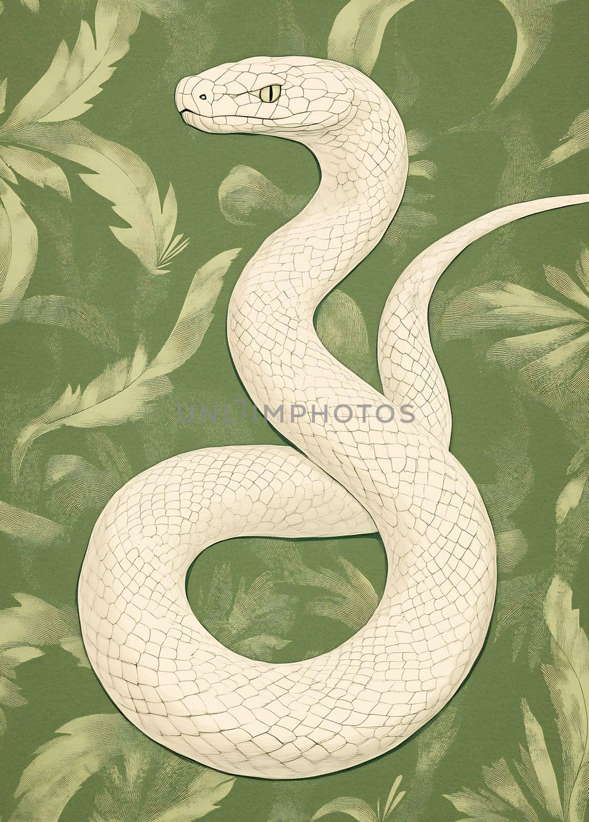 The artwork features a white snake gracefully coiled against a backdrop of green leaves, highlighting its unique texture and patterns.