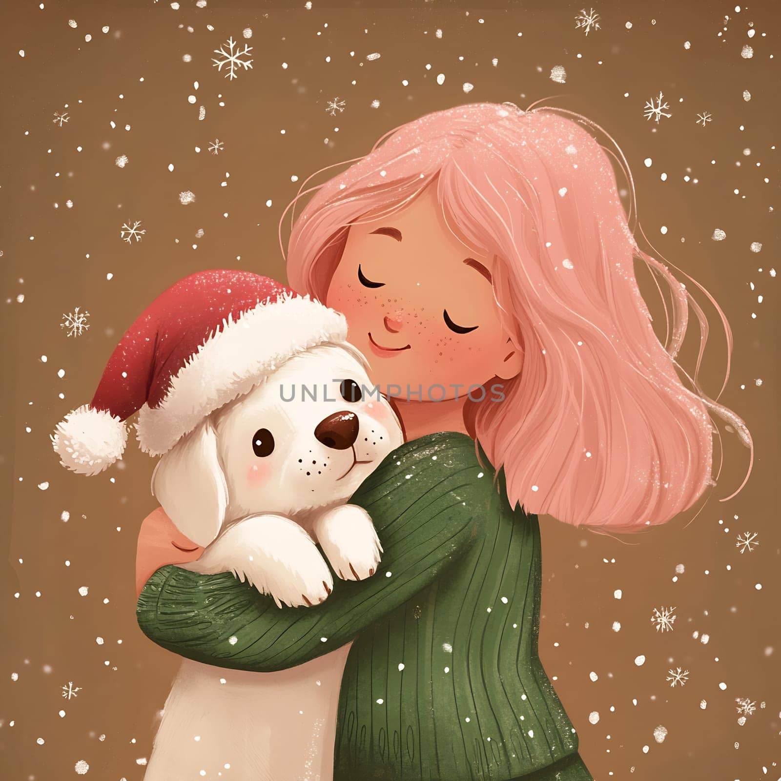A young girl lovingly holds a puppy dressed in festive attire as snowflakes gently fall around them, creating a warm winter moment.
