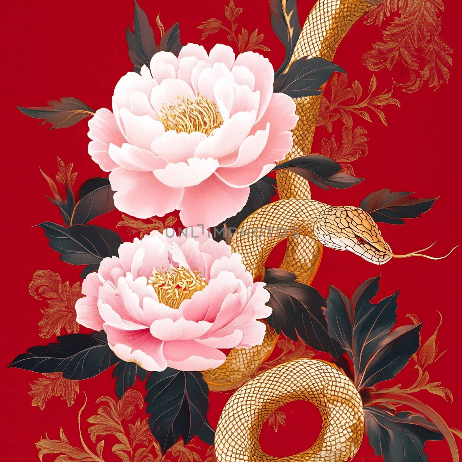 A golden snake weaves through lush pink peonies, set against a bold red background, creating a striking decorative motif.