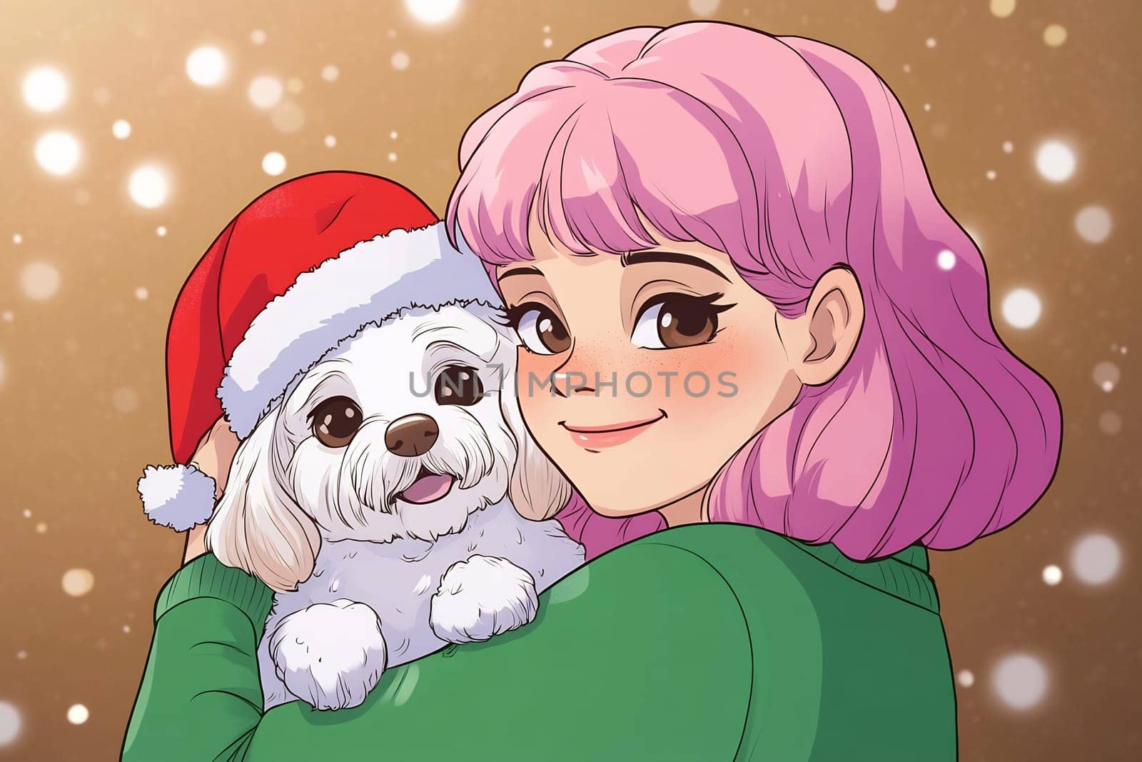 A cheerful girl in a green sweater hugs a small, adorable dog wearing a Santa hat, joyfully embracing the holiday spirit.