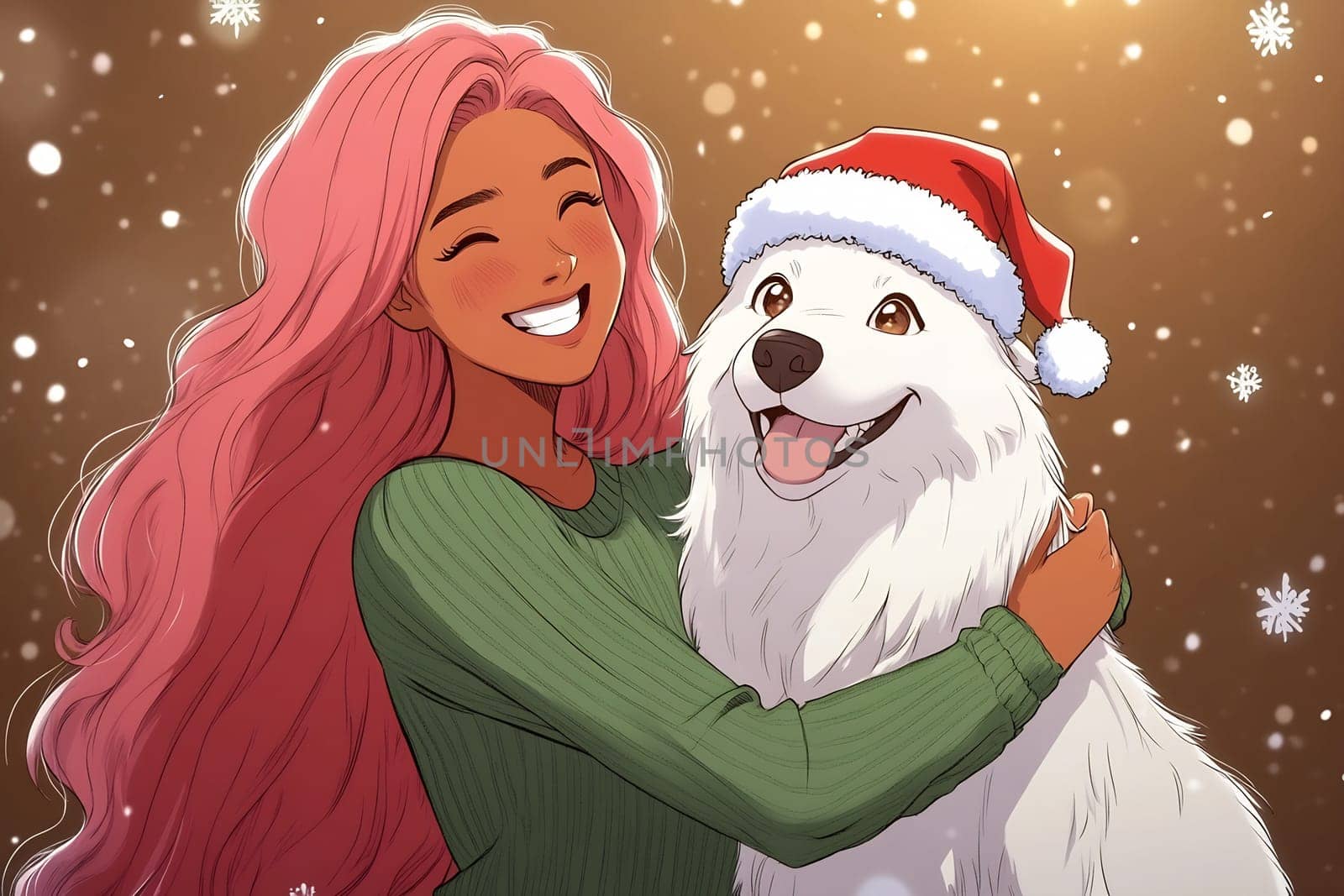 A joyful young woman with long pink hair hugs a fluffy white dog in a Santa hat, surrounded by cheerful winter decorations and snowflakes.