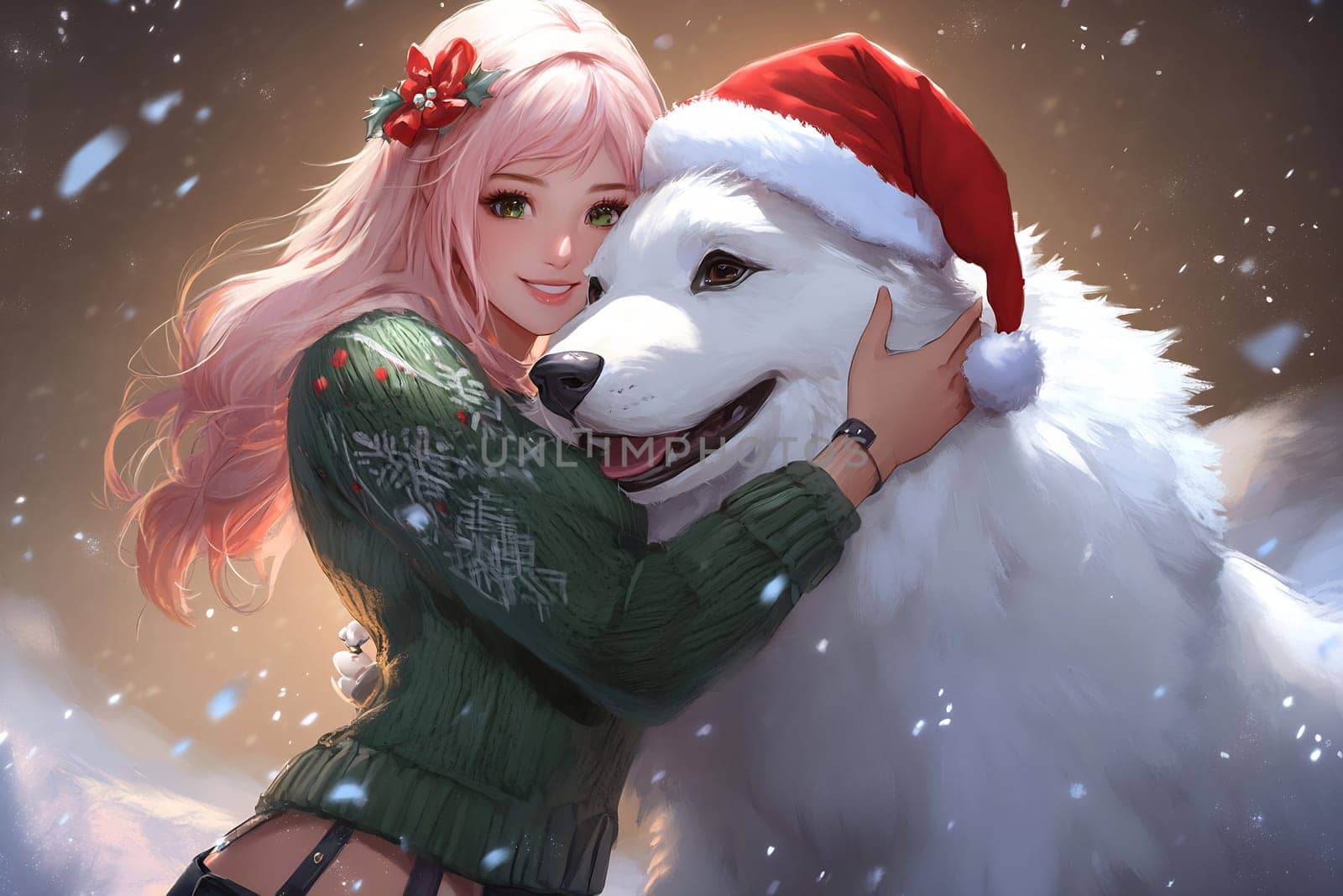 A young woman with pink hair joyfully hugs a white dog dressed in a Santa hat in a snowy, festive setting.