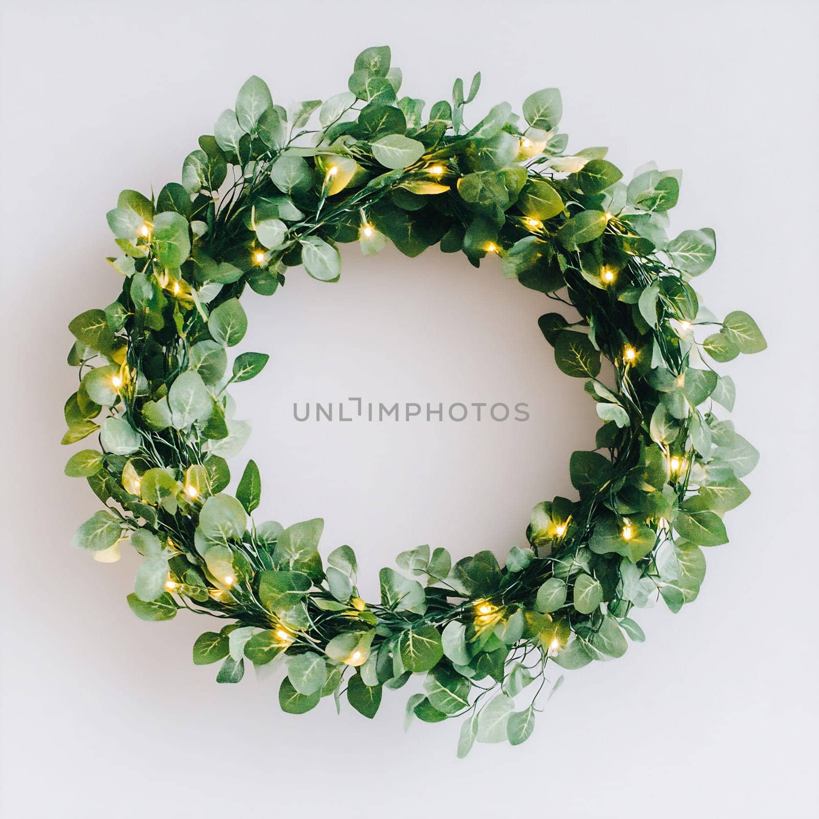 A beautiful green wreath adorned with twinkling fairy lights enhances the ambiance of a cozy indoor space.