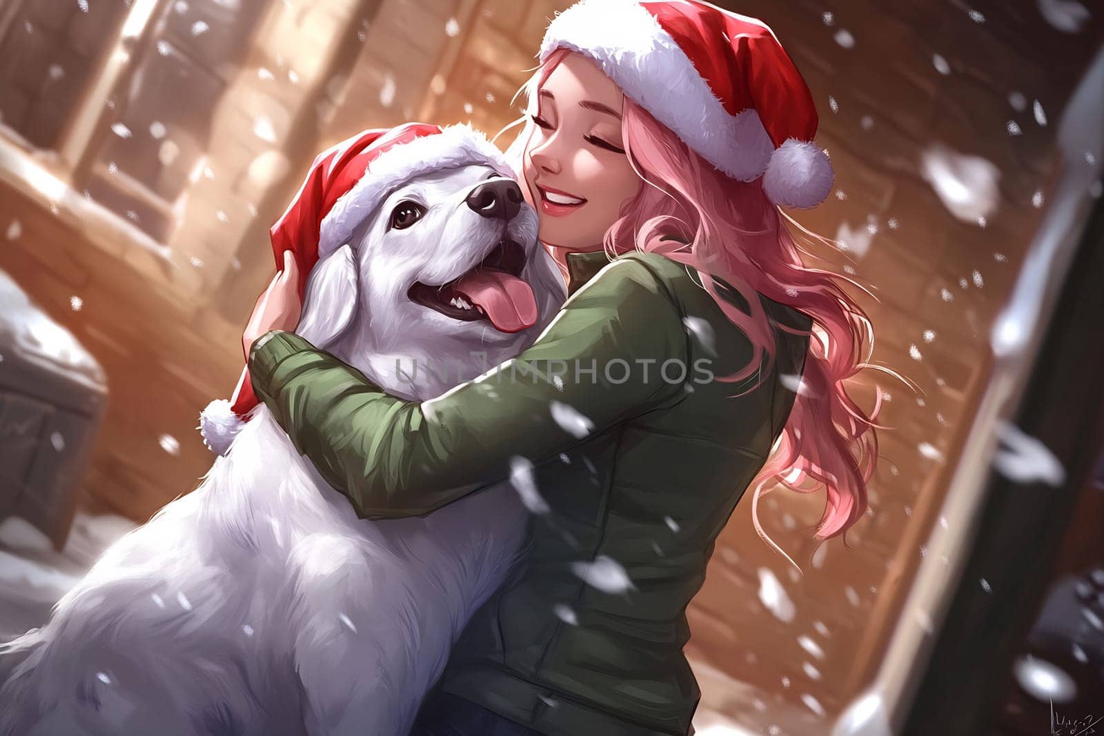 A girl with pink hair happily embraces her cheerful dog, both wearing Santa hats, amid falling snow in a cozy cabin.
