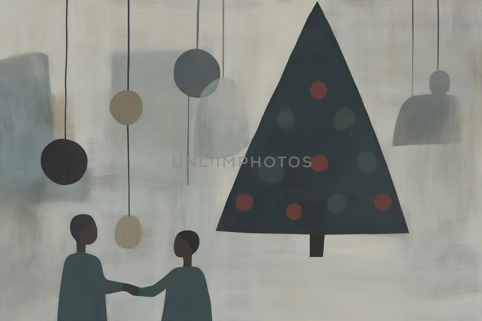 Two people are engaged in a friendly exchange beneath a stylized Christmas tree adorned with colorful ornaments.