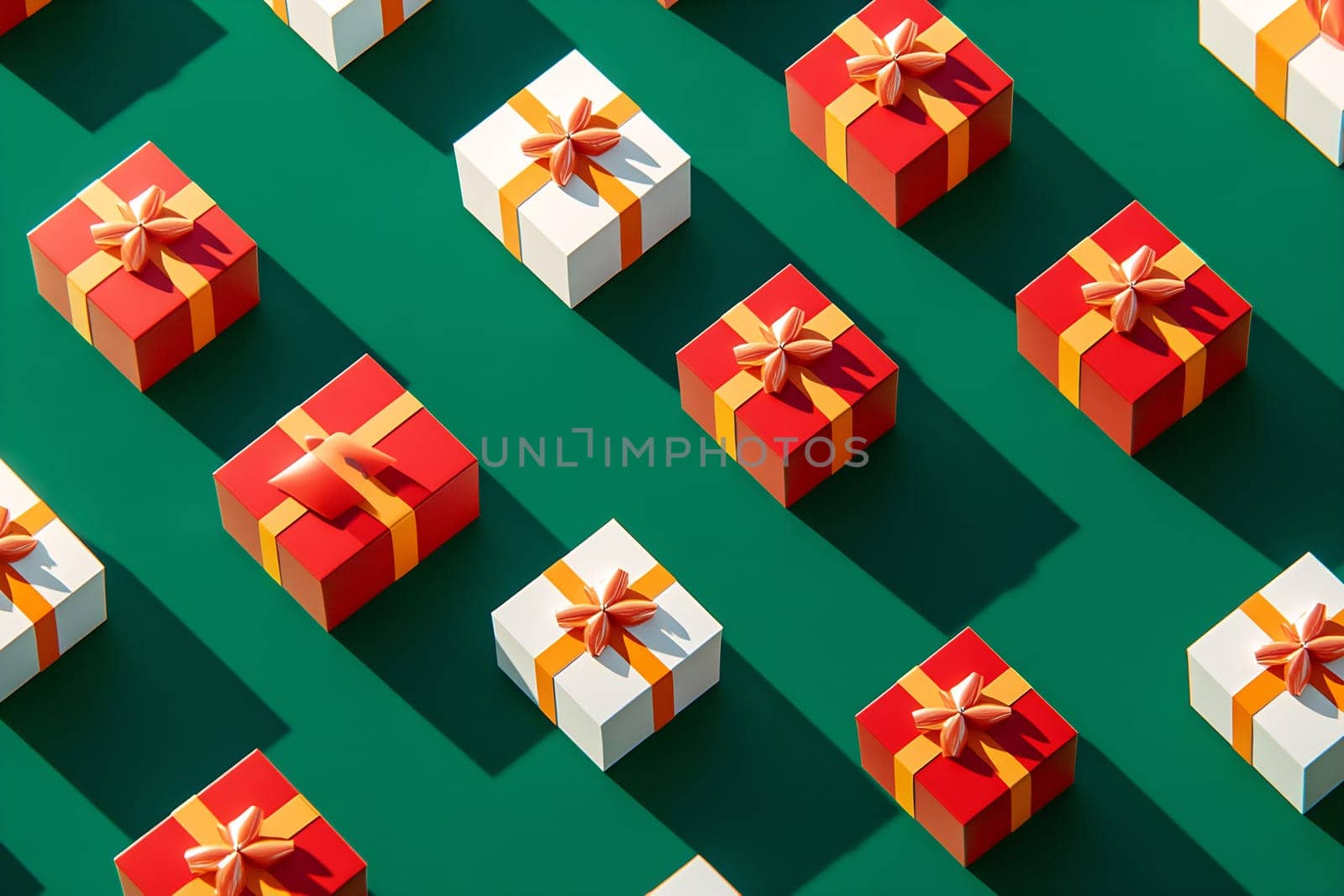 Brightly wrapped gift boxes with bows are creatively arranged, casting shadows on a green surface for a festive touch.