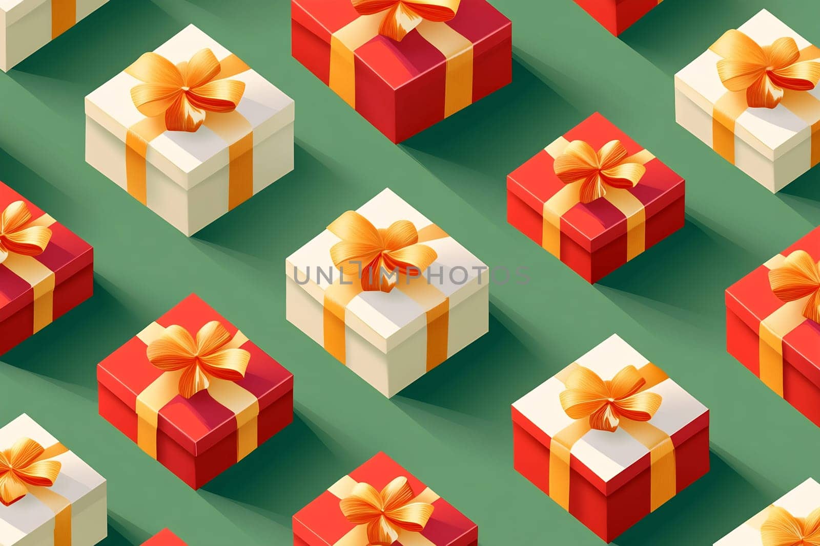 Brightly wrapped gift boxes with yellow ribbons are evenly spaced on a green backdrop, creating a cheerful decorative pattern.