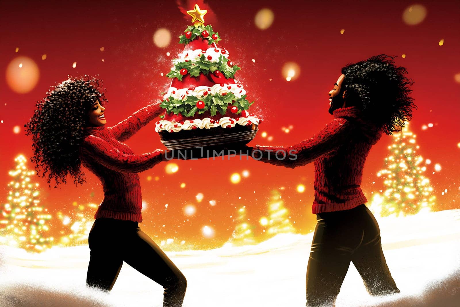 Friends joyfully present a beautifully decorated dessert resembling a Christmas tree in a winter wonderland setting.