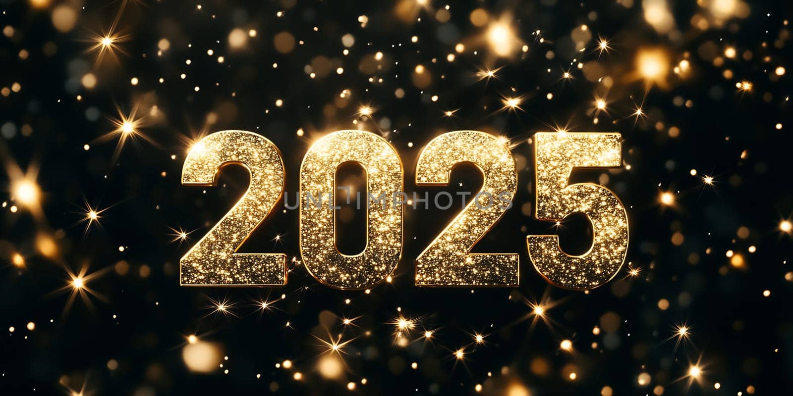 Large glittering numbers signify the upcoming year 2025, illuminated with golden stars and captivating lights creating a festive atmosphere.
