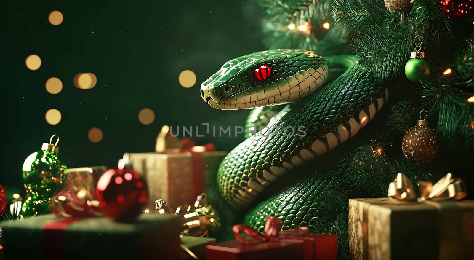 A green snake lounges among colorful Christmas gifts and ornaments, creating a unique holiday atmosphere under the tree.