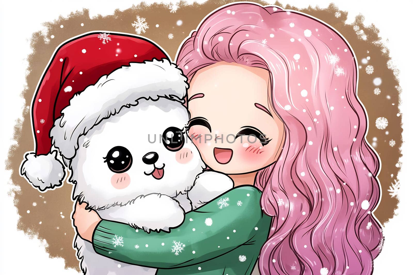 A joyful girl with long pink hair embraces an adorable fluffy dog dressed in a festive Santa hat while snowflakes gently fall around them.