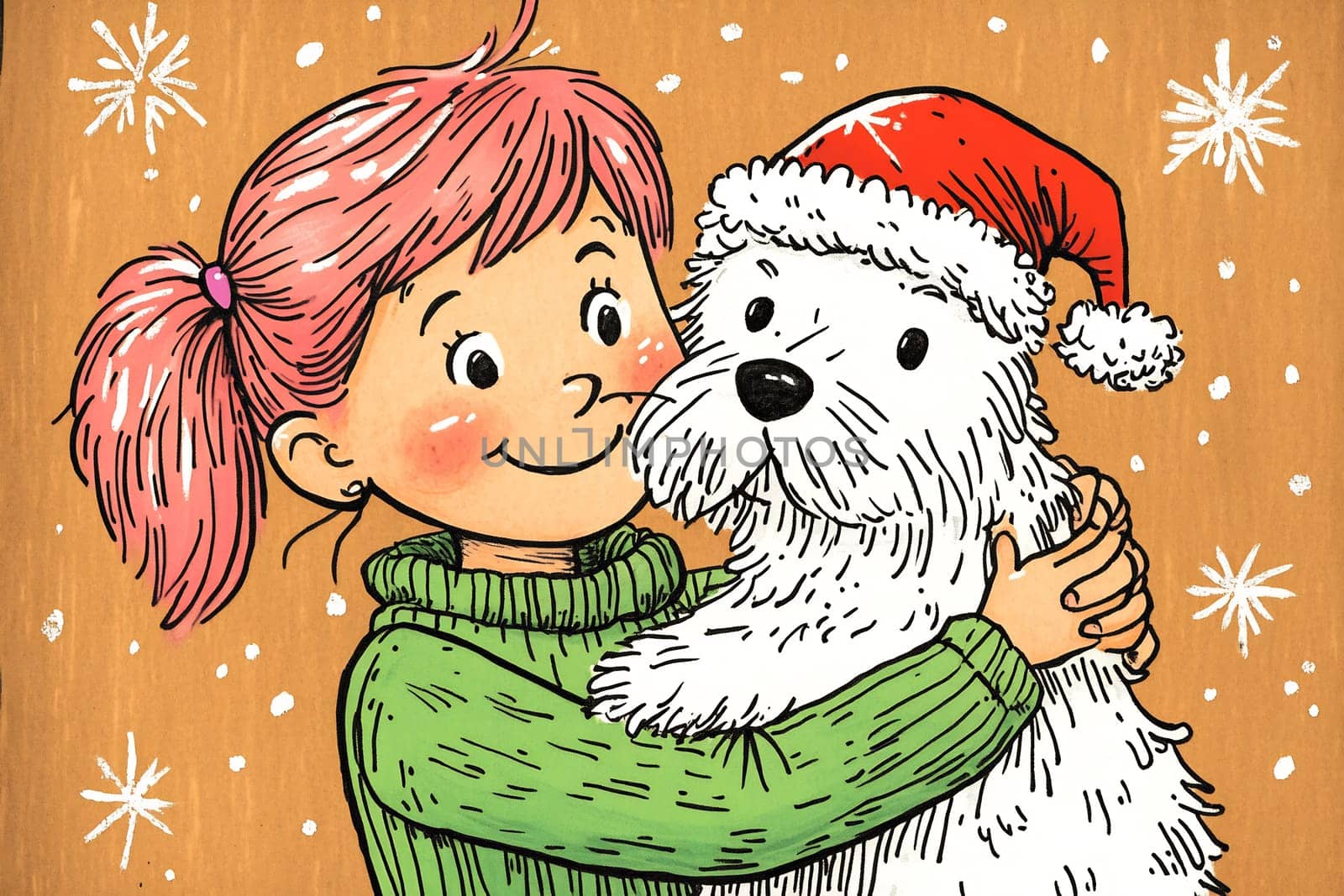 A young girl happily embraces her fluffy white dog adorned with a red Santa hat, sharing a joyful holiday moment together.