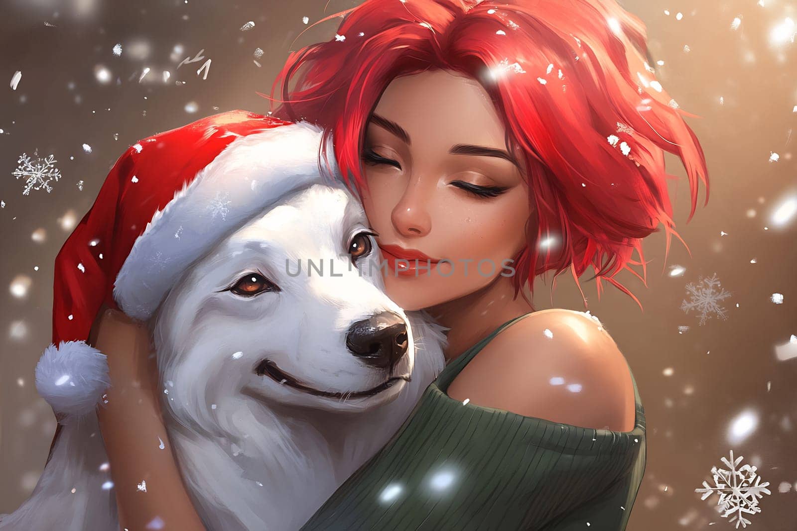A joyful young woman in winter attire happily hugs a fluffy white dog, surrounded by falling snowflakes and a festive atmosphere.