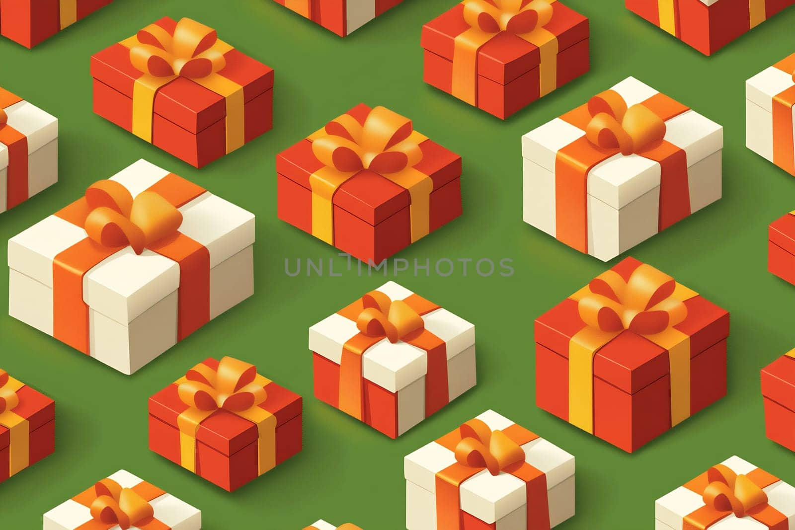 A lively arrangement of gift boxes in various colors, decorated with bright ribbons, set against a vibrant green backdrop.