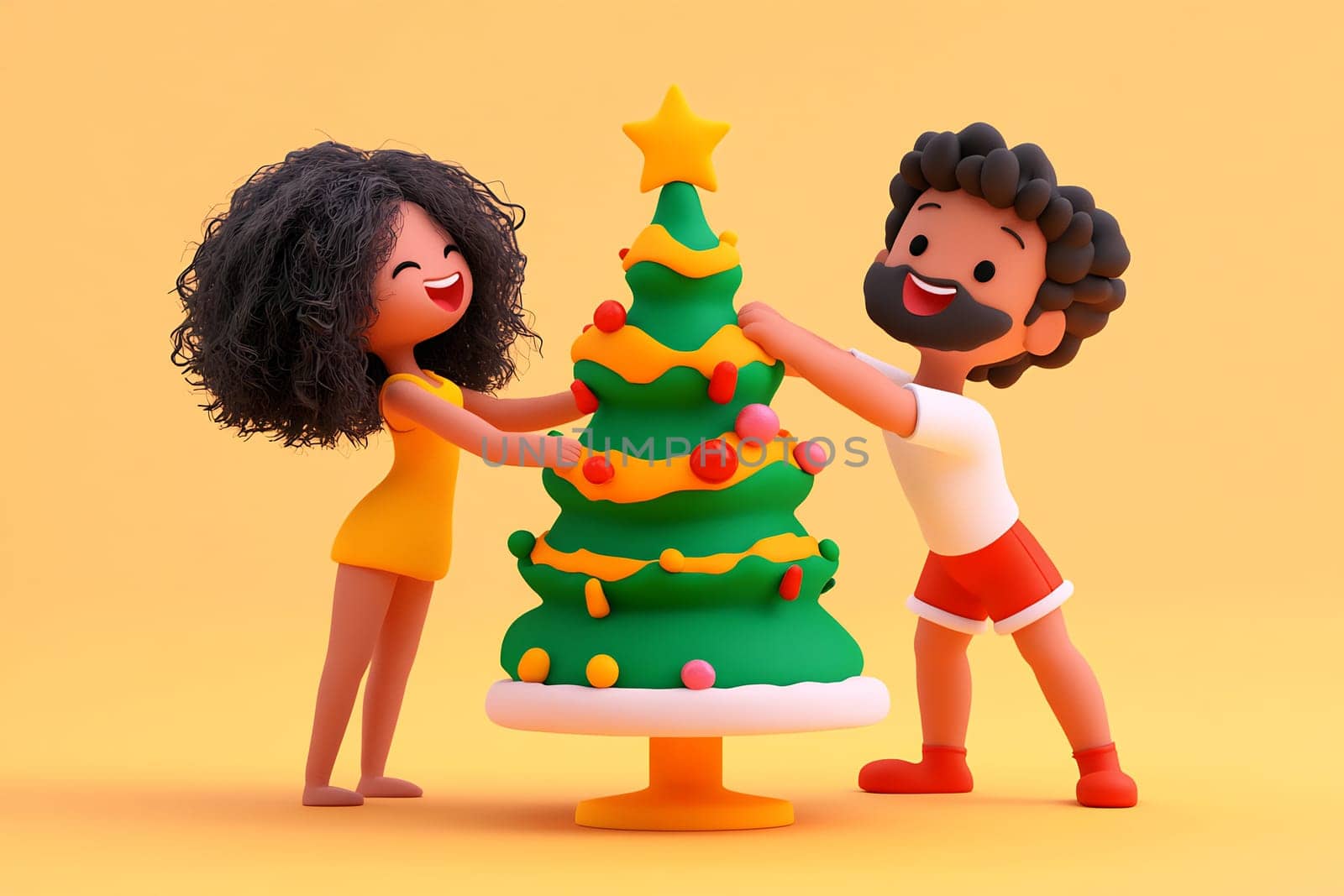 A couple joyfully decorates a festive Christmas tree, adding ornaments in a vibrant, cheerful atmosphere.