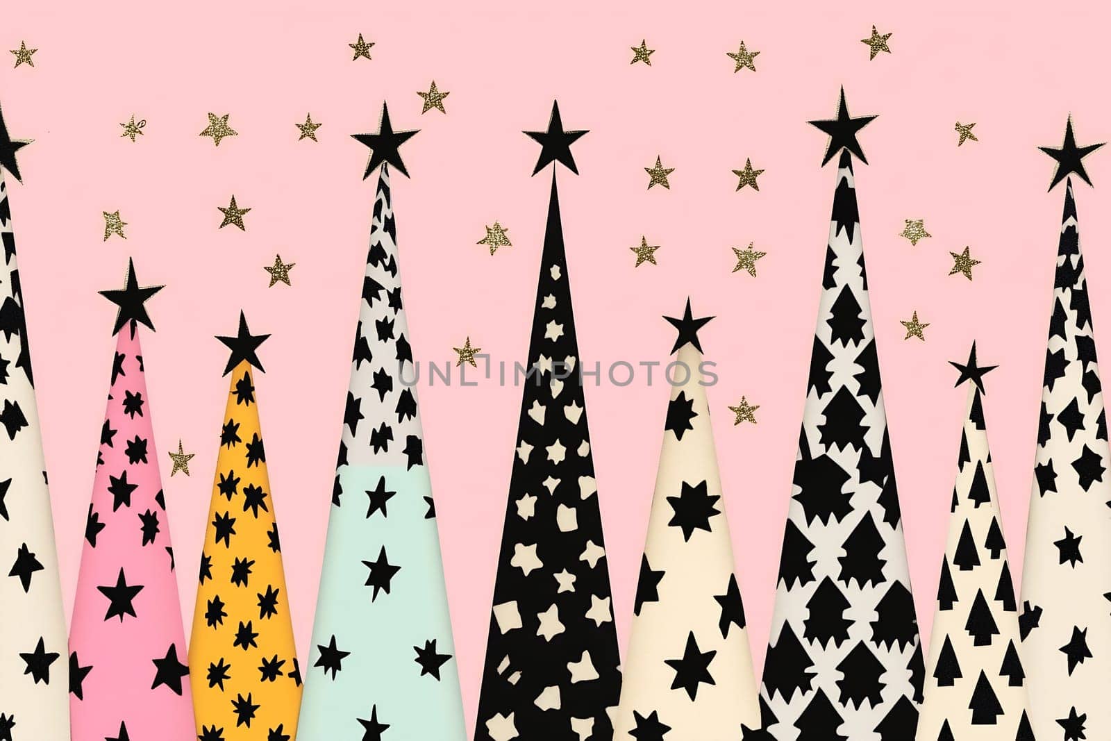 Party hats featuring various star patterns are displayed on a soft pink background, perfect for joyful celebrations and gatherings.