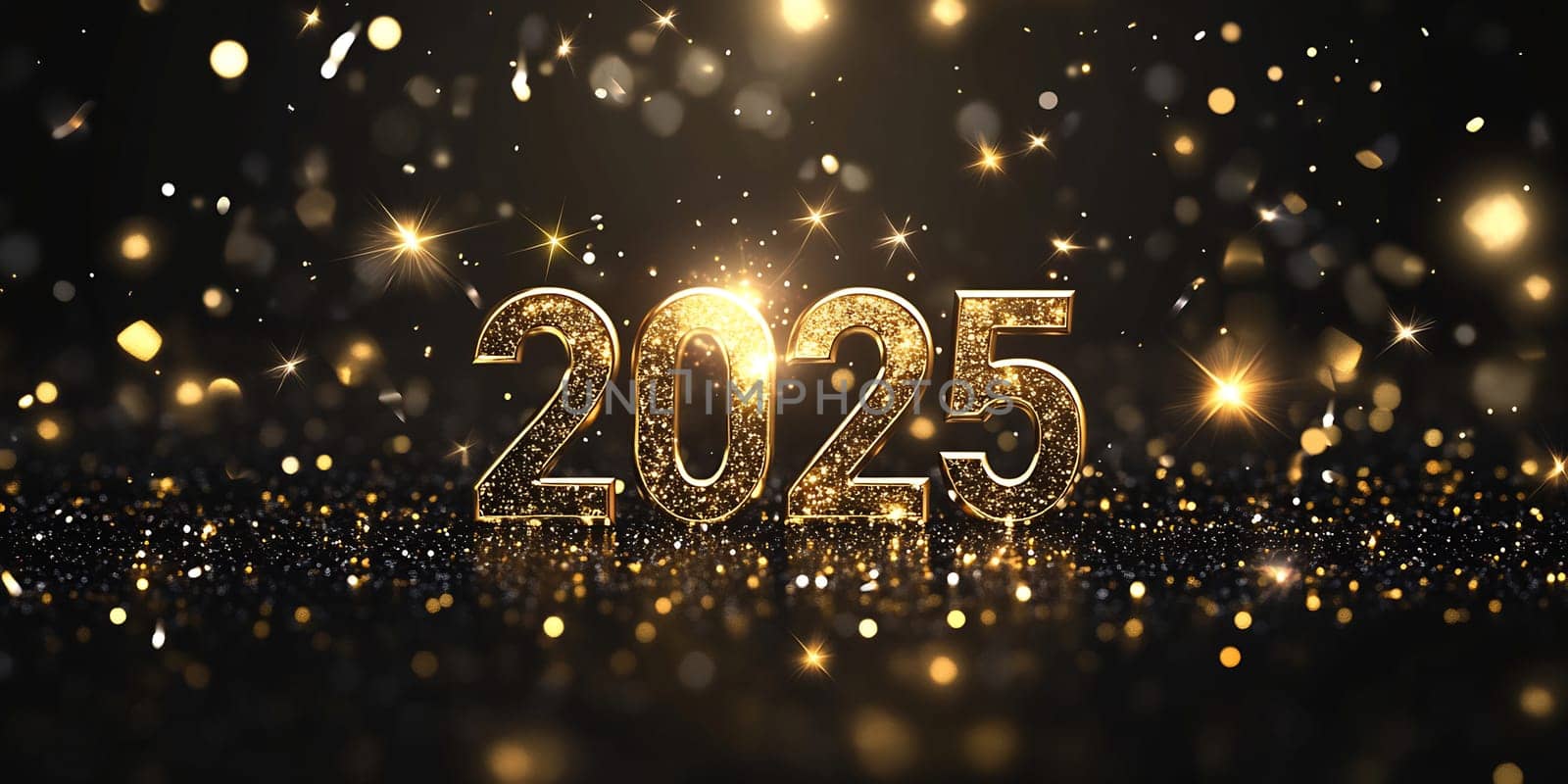 The year 2025 is prominently displayed in shimmering gold, surrounded by a festive atmosphere of sparkling lights and dark elegance.